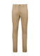 A pair of tan tapered stretch chino pants with a front pocket and a button closure.