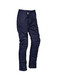 Navy rugged cargo pants with multiple pockets, featuring a logo on the waistband. Ideal for outdoor activities.