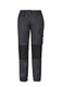 Women's streetwear tough pants in dark grey with black panel accents and a cargo pocket. Features a logo.