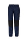 A pair of navy women's work pants with black panels and a side cargo pocket, featuring a brand logo.