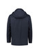 A dark navy men's jacket with a hood, featuring a minimalist design and a subtle logo on the back.