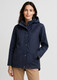 A navy women's comfort jacket with a hood, featuring a front button closure and side pockets. A navy women's comfort jacket with a hood, featuring a front button closure and side pockets.