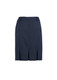 A navy multi-pleat skirt featuring a fitted design and a back zip. It has a branding logo on it.