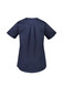 A navy women's scrub top with a short sleeve design and a pleated back. Features a logo on the garment.