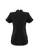 A black women's tunic featuring short sleeves and a back zip, designed for spa uniforms. It has side slits for ease of movement.