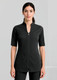 A black women's tunic with a zip front and short sleeves, featuring two front pockets. The tunic has a logo.