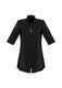 A black women's tunic featuring a zip front, three-quarter sleeves, and two front pockets.