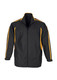 A black track jacket featuring yellow stripes along the sleeves and a zip front. It includes a logo.