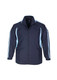 A track jacket in navy blue with light blue stripes, featuring a zip front and a collar. It has a logo on the chest.