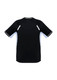 A black short sleeve tee for kids with light blue accents and reflective details. Features a logo on the back.