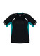 A short sleeve T-shirt in black and teal with reflective detailing and a logo on the front.