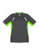 A short sleeve tee in charcoal grey with vibrant lime green accents and reflective detailing, featuring a logo.