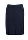 A dark navy wool stretch skirt featuring multi-pleats and a zipper closure at the back.