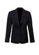 A black longline jacket with a notched lapel, two front pockets, and a fitted design. It features a logo on the inside.