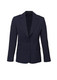 A navy women's longline jacket with a blazer style, featuring two buttons and front pockets.