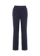 A pair of navy slacks featuring a straight-leg design and two front buttons. The garment has a logo.