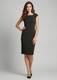 A fitted black dress with cap sleeves and a below-the-knee length, featuring a sleek design and side pockets.