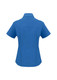 A blue ladies' short sleeve button-up shirt with a back view and a logo on the collar.