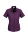 A purple short sleeve button-up shirt with a collared neckline and a fitted style, featuring a logo.