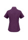 A purple short sleeve button-up shirt with a collar and a logo on the back.