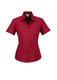 A short sleeve ladies' shirt in burgundy, featuring a button-up design and a collar, with a logo.