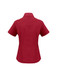 A short sleeve, button-up shirt in a deep red shade, featuring a collar and a branded logo.