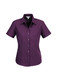 A short sleeve button-up shirt in a deep purple colour, featuring a collar and front buttons. It has a logo.
