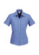 A blue women's short sleeve button-up shirt with a pointed collar and a fitted silhouette, featuring a logo.