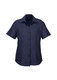 A short-sleeve, button-up women's shirt in navy blue, featuring a sleek design and a logo on the label.