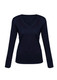 A women's Milano pullover in navy blue with a v-neckline and long sleeves. It features a fitted silhouette and ribbed hem.