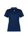 A women's short sleeve polo shirt in navy blue with light blue accents and a logo on the chest.