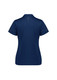 A women's short sleeve polo shirt in navy blue, featuring a logo and decorative detailing on the sleeves.