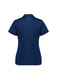 A navy women's short sleeve polo shirt with a subtle logo and decorative detailing on the sleeves.
