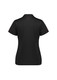 A black women's polo shirt with short sleeves, featuring a subtle logo and details on the back and sleeves.