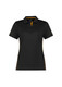 A black short sleeve polo shirt with yellow accents and a logo on the left side.