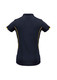 A women's short sleeve polo shirt in navy with yellow accent detailing and a logo.