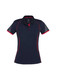 A women's short sleeve polo shirt in navy with red accents and patterned sleeve detail, featuring a logo.