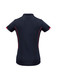 A navy blue women's short sleeve polo shirt with red accents and a branded logo.