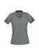 A women's short sleeve polo shirt in grey with black detailing and a logo on the chest.