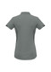 A women's short sleeve polo shirt in grey with black accents, featuring a collar and a logo.