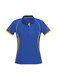 A women's short sleeve polo shirt in vibrant blue with yellow accents and a logo on the chest.