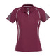A maroon women's short sleeve polo shirt featuring white accents and a logo on the collar.