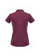 A maroon women's short sleeve polo shirt with white detailing and a logo on the side.