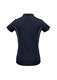 A navy women's short sleeve polo shirt with light blue accents and a logo on the back.