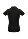 A women's short sleeve polo shirt in black with yellow accents and a logo on the upper back.