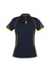 A women's short sleeve polo shirt in navy blue with yellow accents and a logo on the front.