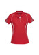 A red short sleeve polo shirt for women featuring mesh panels and contrasting white accents. It includes a logo.