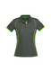 A women's short sleeve polo shirt in grey with bright green accents and mesh panels. Features a logo on the chest.