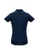 A women's short sleeve polo shirt in navy blue, featuring a back view with subtle design details and a logo.