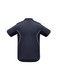 A navy short sleeve polo shirt featuring white piping, designed for kids. Includes a logo on the chest.